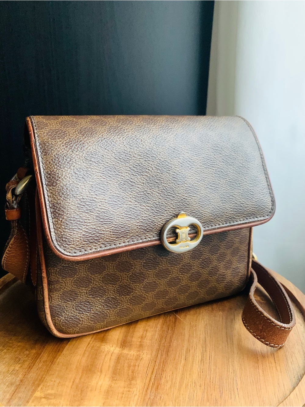 Celine Triomphe Macadam Monogram Canvas Mini Crossbody Brown with Tan Trim - Picture 3 of 15